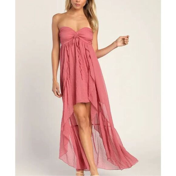 NWT Lulus Airy Aura Rusty Rose Strapless Ruffled High-Low Dress Size XS - Picture 1 of 13